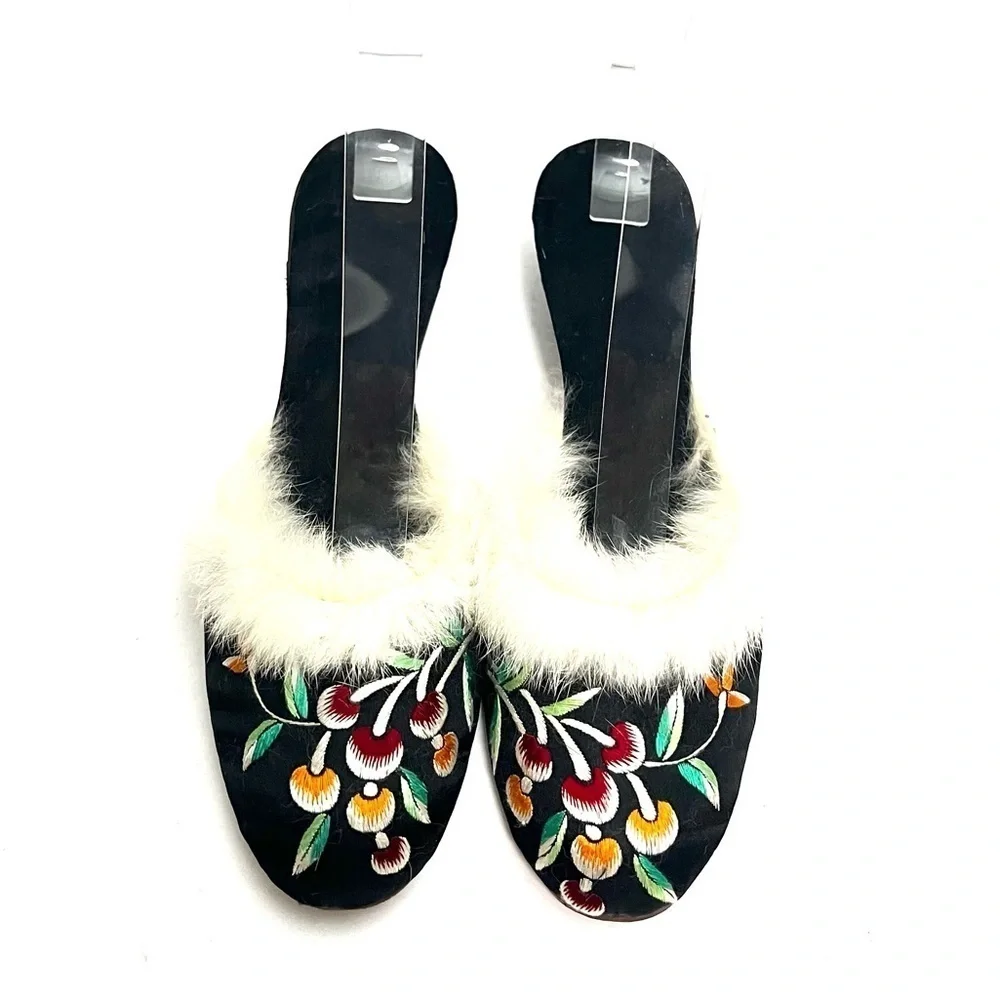 Antique 1920s black silk satin fur trim floral embroidered boudoir slippers